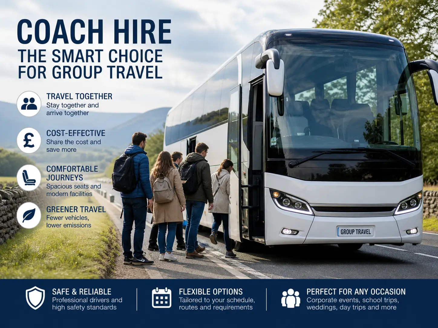 Modern white coach bus boarding passengers on a scenic road, promoting comfortable and affordable group travel in the UK.
