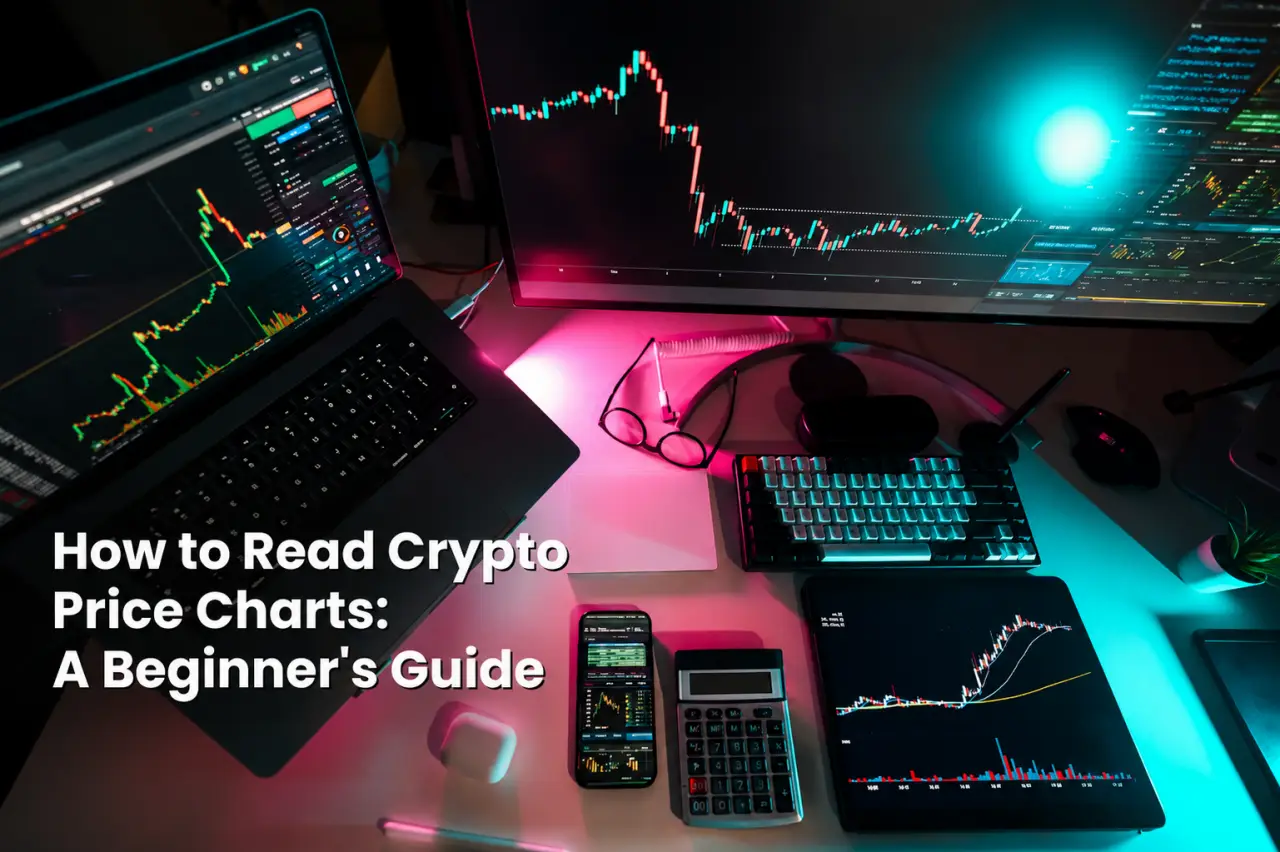 Crypto trading desk with multiple screens showing candlestick charts and the title “How to Read Crypto Price Charts: A Beginner’s Guide” displayed on the image.
