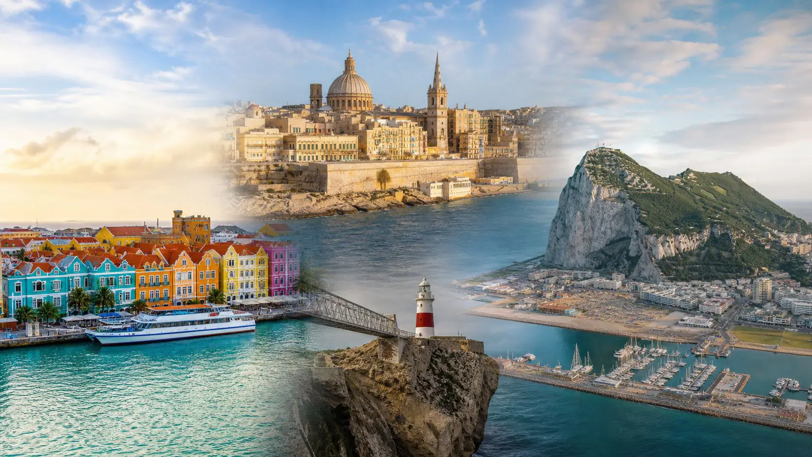 Composite travel image showing Willemstad in Curacao, Valletta skyline in Malta, and the Rock of Gibraltar with marina views