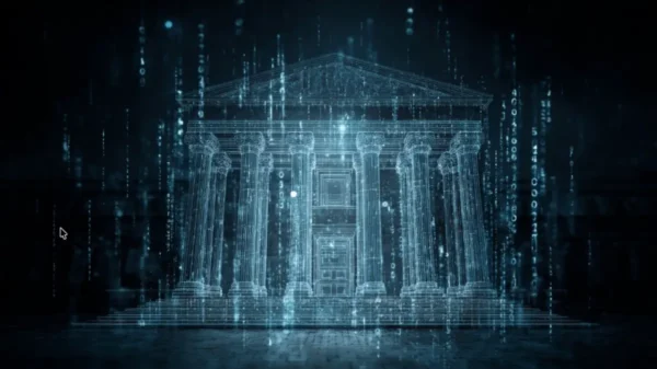 Digital illustration of a glowing wireframe classical bank building surrounded by cascading binary code and cybersecurity data streams on a dark blue background.