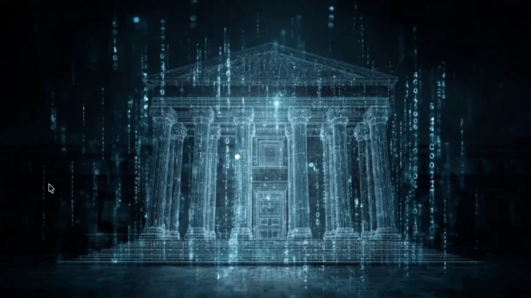 Digital illustration of a glowing wireframe classical bank building surrounded by cascading binary code and cybersecurity data streams on a dark blue background.