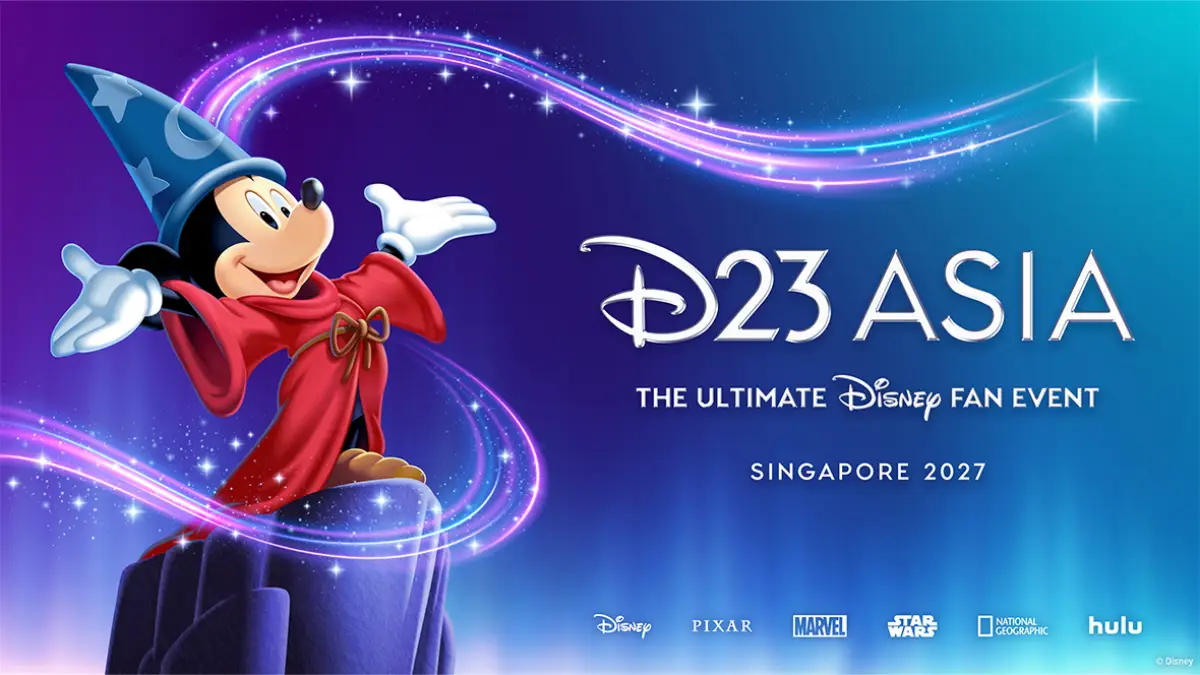 Mickey Mouse dressed as Sorcerer Mickey appears beside the D23 Asia logo promoting The Ultimate Disney Fan Event in Singapore in 2027.