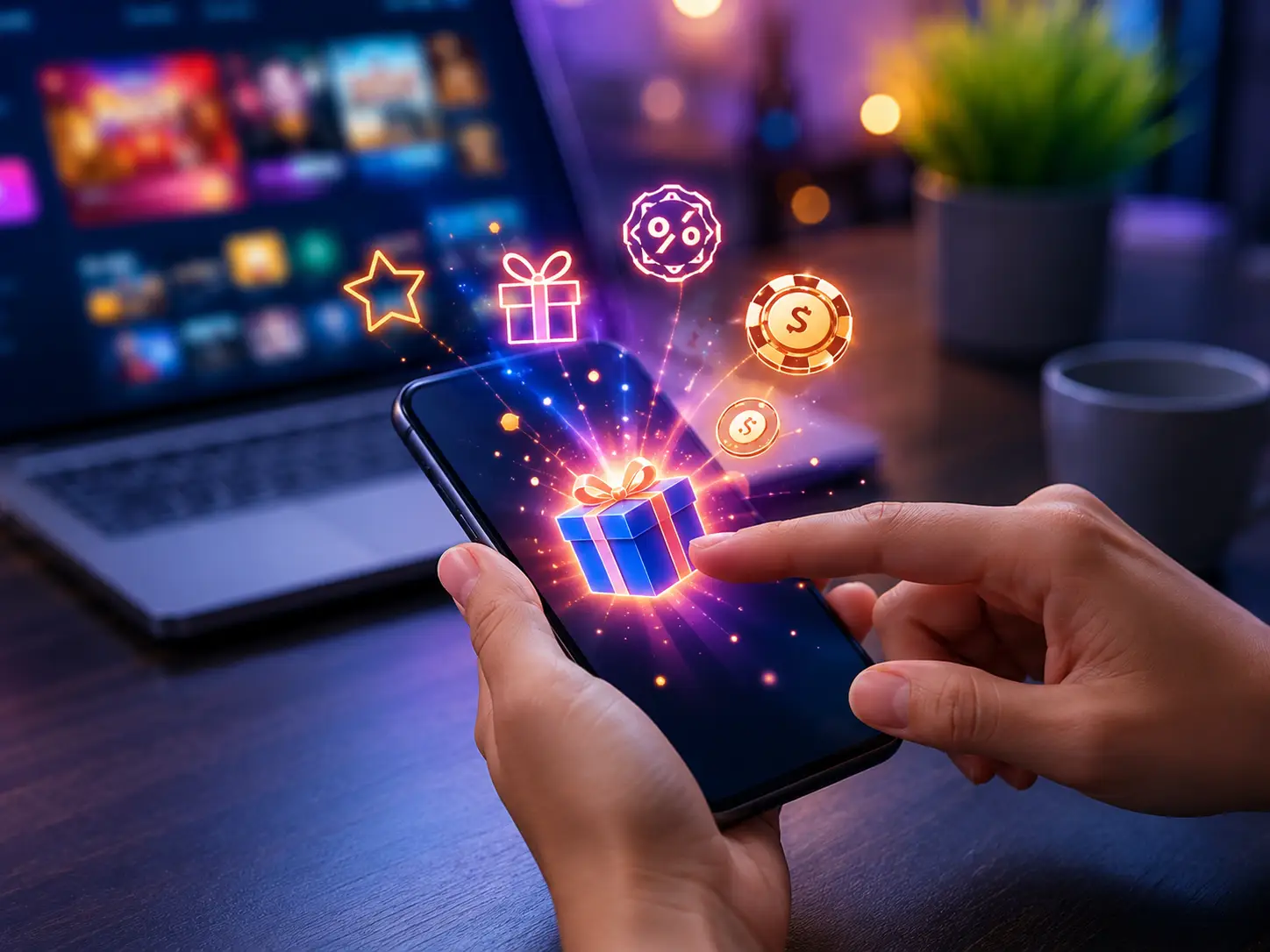 Why Digital Promotions And Instant-Access Experiences Are Gaining Ground This Year 2 Person using a smartphone with glowing digital promotion icons and mobile-first online engagement visuals on screen.