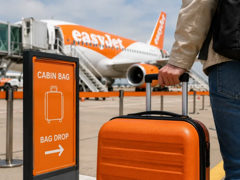 Passenger with orange suitcase at easyJet cabin bag drop sign at airport