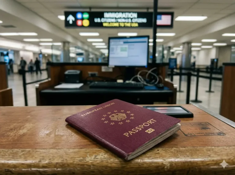 A close-up of a burgundy European Union passport resting on a wooden counter at a blurred airport immigration desk with overhead signs.