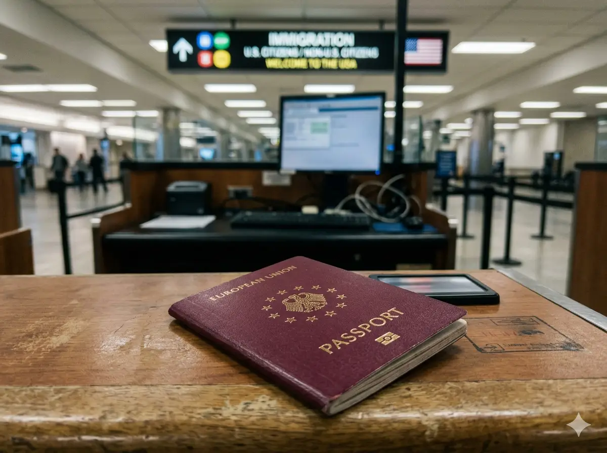A close-up of a burgundy European Union passport resting on a wooden counter at a blurred airport immigration desk with overhead signs.