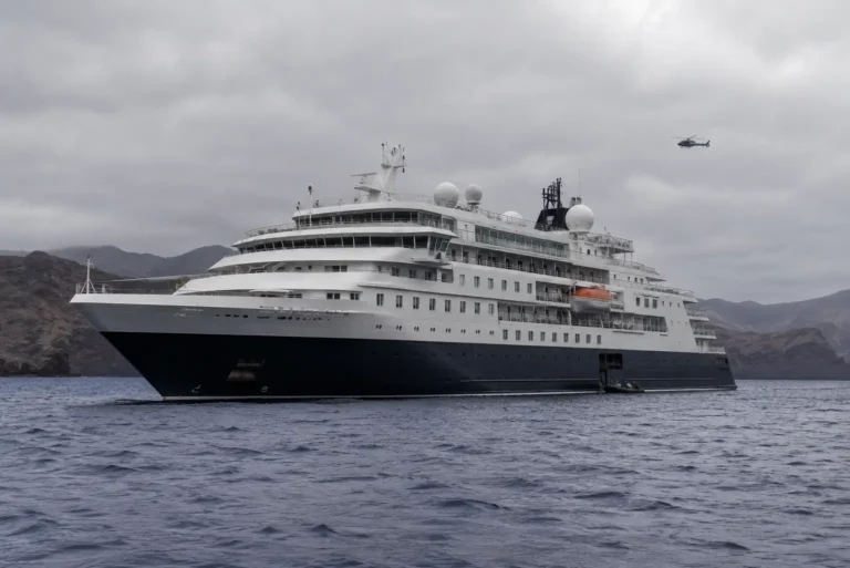 Modern expedition cruise ship anchored off the Canary Islands under grey skies with a rescue boat and distant helicopter nearby.