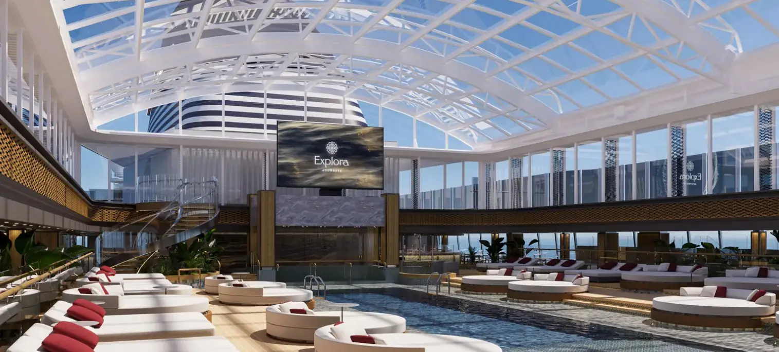 Explora Iii: Maiden Season Starts 3 August With Northern Europe Journeys, Solar Eclipse Experience &Amp; Transatlantic Voyage 5 Luxury indoor pool and lounge area aboard EXPLORA III featuring panoramic glass ceilings and modern design