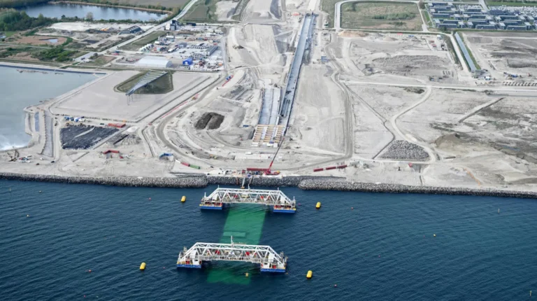 Aerial view of Fehmarnbelt tunnel immersion pontoons off Rodbyhavn in Denmark