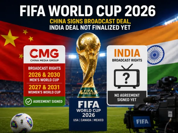 FIFA World Cup 2026 broadcast rights illustration showing China securing a television deal while India negotiations remain unresolved.