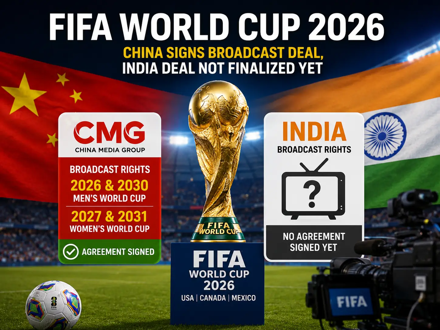 FIFA World Cup 2026 broadcast rights illustration showing China securing a television deal while India negotiations remain unresolved.