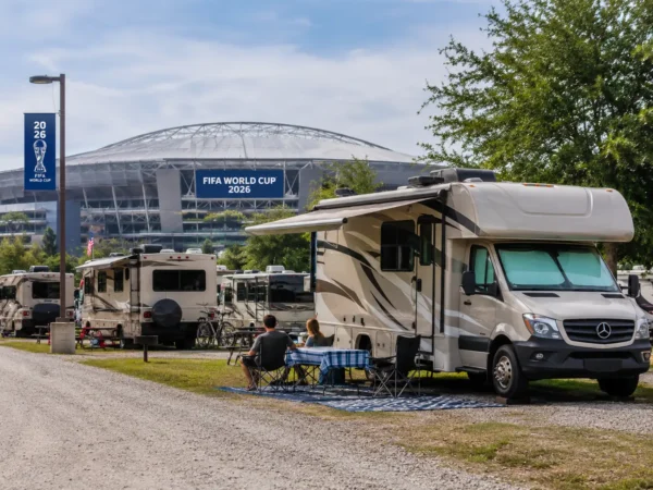 RV campers parked near a large football stadium ahead of FIFA World Cup 2026 as demand for campground accommodation rises across US host cities.