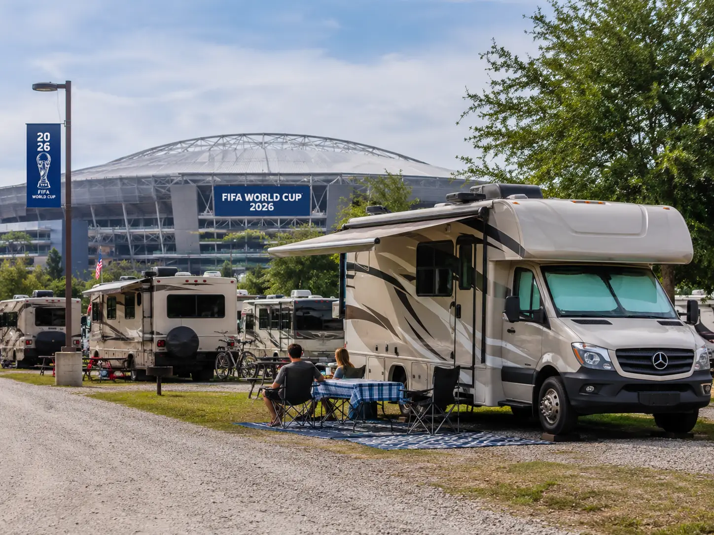 Fifa World Cup 2026 Drives Surge In Rv Parks Near Us Stadiums 2 RV campers parked near a large football stadium ahead of FIFA World Cup 2026 as demand for campground accommodation rises across US host cities.