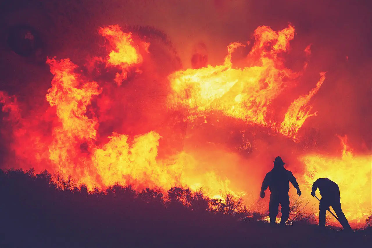 Two firefighters silhouetted against a large wildfire burning at night