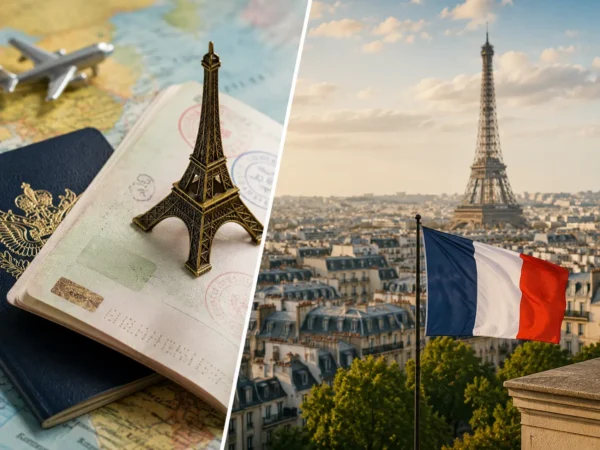 Passport and visa documents beside the Eiffel Tower and French flag, illustrating temporary and permanent visas for France.