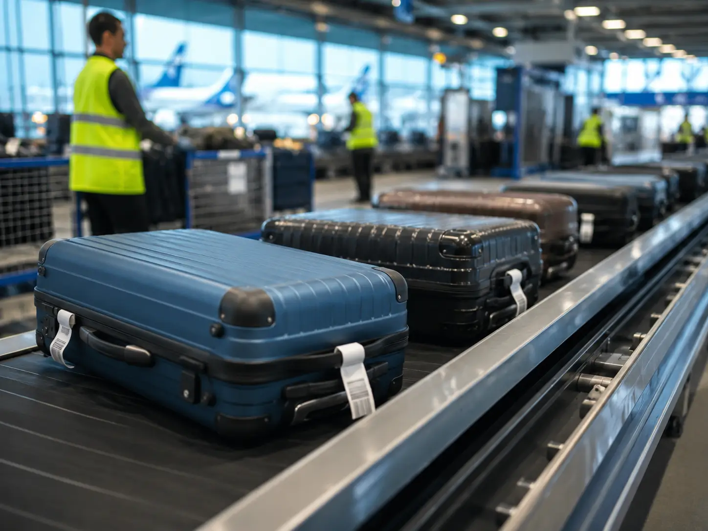 Suitcases moving along an airport baggage conveyor system with ground staff handling luggage in a modern terminal