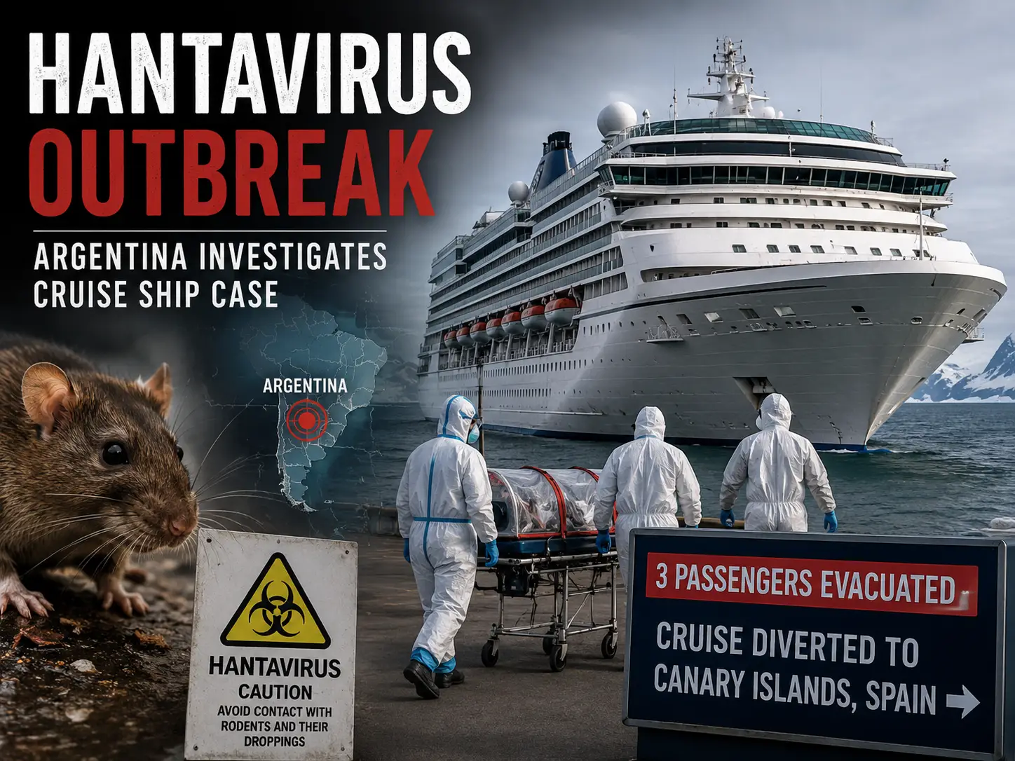 Medical teams in protective suits stand near a cruise ship during a hantavirus outbreak investigation linked to an Antarctica voyage from Argentina.