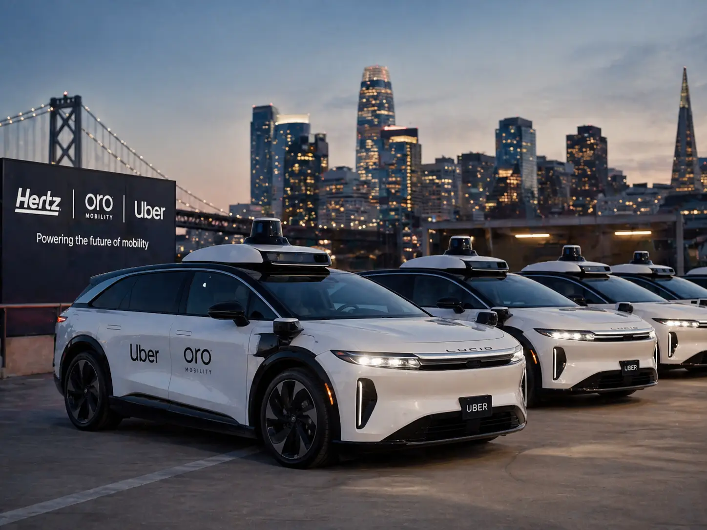 Fleet of autonomous electric robotaxi vehicles parked in a city at dusk with skyline lights in the background, representing the Hertz, Oro Mobility and Uber partnership.