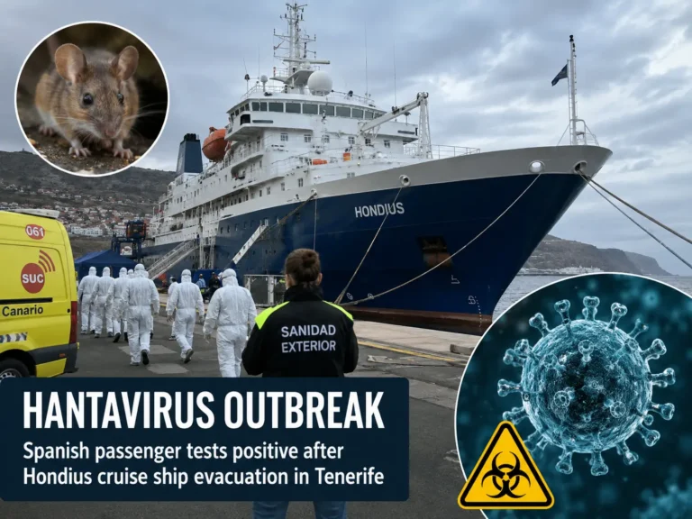 Health workers in protective suits near the Hondius cruise ship in Tenerife during a hantavirus outbreak evacuation operation.