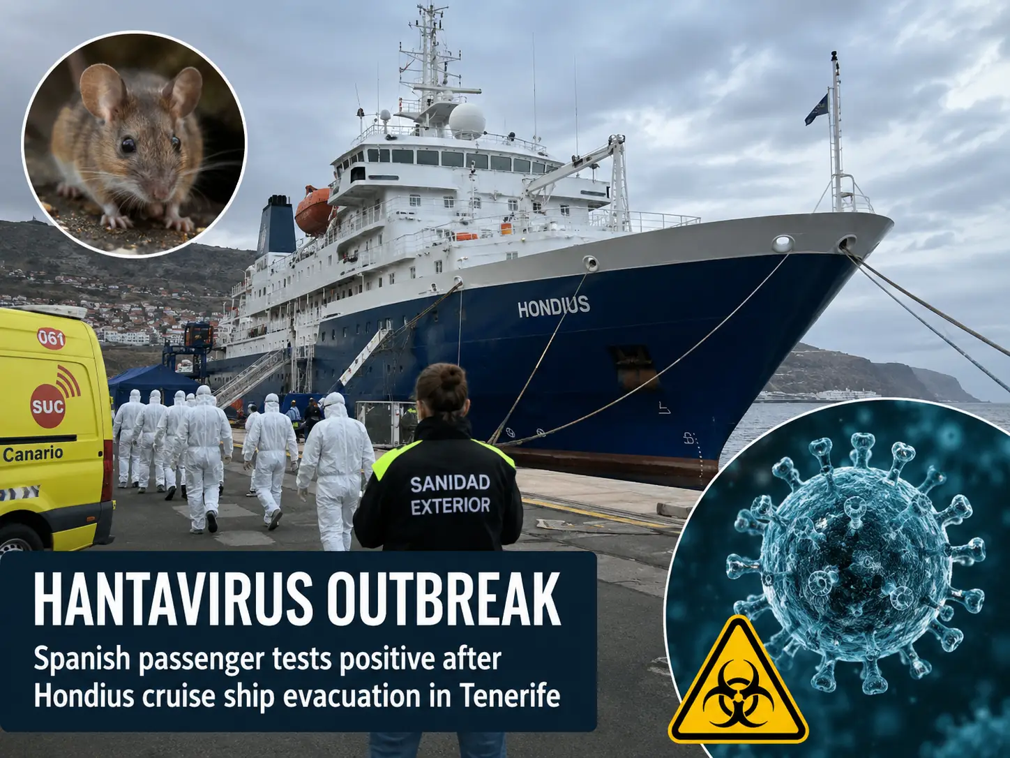 Health workers in protective suits near the Hondius cruise ship in Tenerife during a hantavirus outbreak evacuation operation.