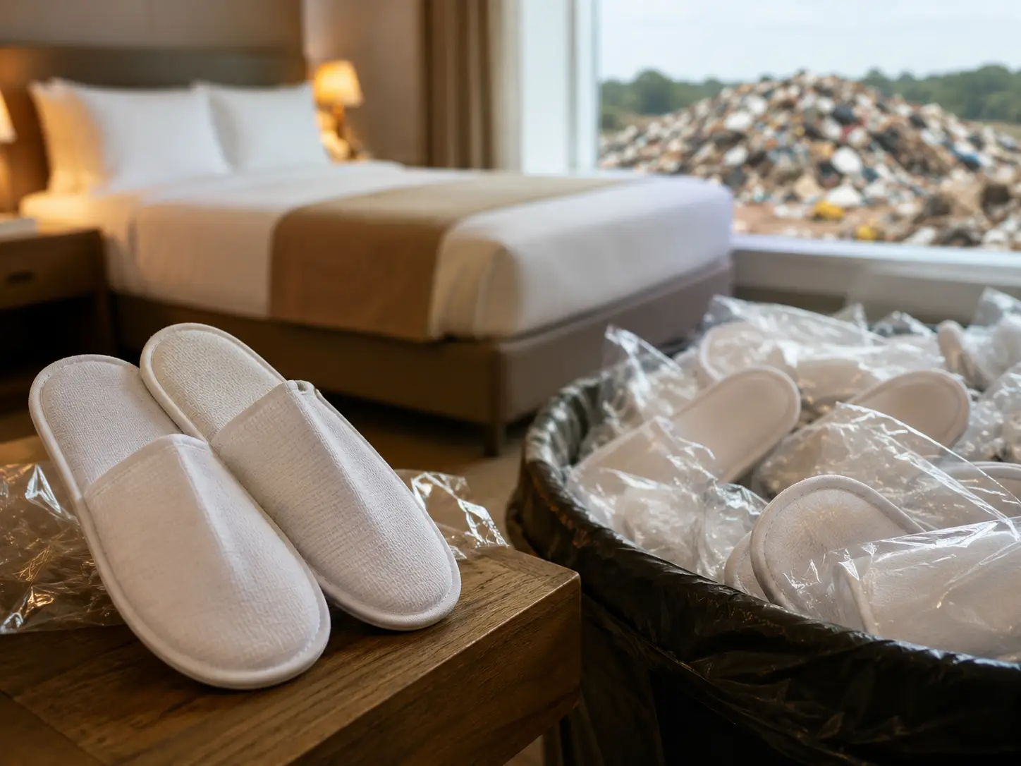 Disposable hotel slippers and plastic packaging piled beside a hotel room bed highlighting hospitality waste problems.