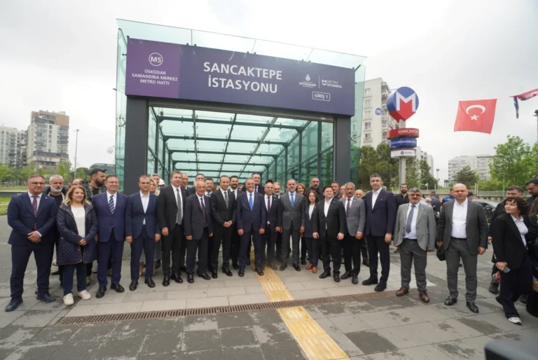 Officials and guests gather outside Sancaktepe Station during the opening of the Istanbul M5 metro line extension on the city’s Asian side.