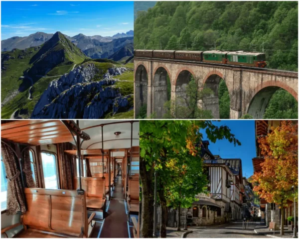 Historic Italian tourist train crossing a stone viaduct and vintage railway carriage interior with Alpine landscapes and Alba autumn scenery in Italy