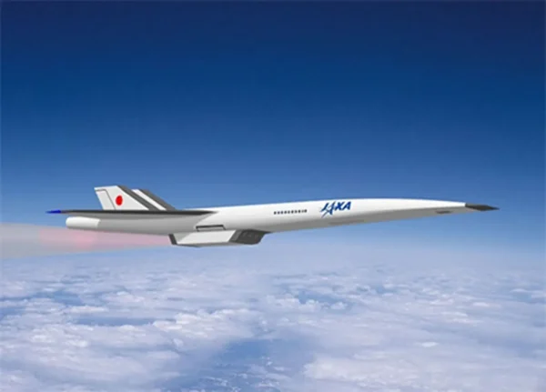 Concept image of a futuristic JAXA supersonic aircraft flying above the clouds under a clear blue sky.
