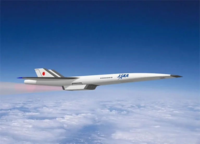 Concept image of a futuristic JAXA supersonic aircraft flying above the clouds under a clear blue sky.