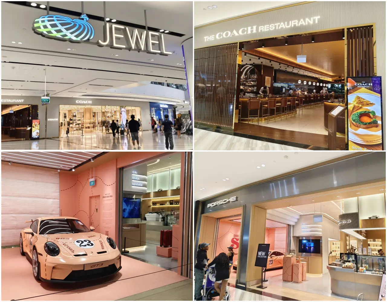 Jewel Changi Airport: Key Highlights Of This Iconic Lifestyle Destination (Part 1) 6 Retail and dining collage at Jewel Changi Airport featuring luxury shopping, The Coach Restaurant and Porsche showroom in Singapore