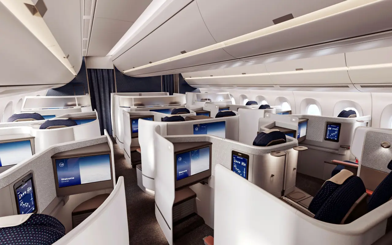 Lufthansa’s Allegris First Class And Business Class Announced For Singapore 4 Lufthansa Allegris Business Class cabin onboard an Airbus A350 featuring private suites, large entertainment screens and direct aisle access