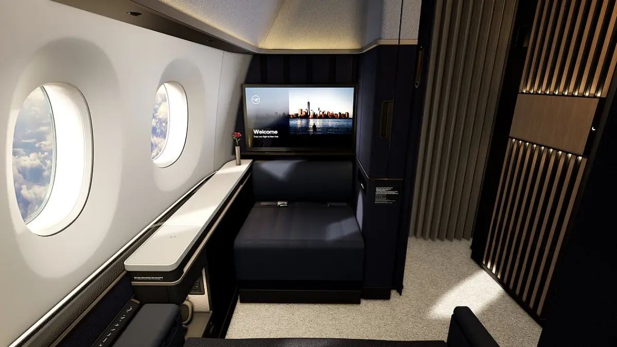 Lufthansa Allegris First Class Suite onboard an Airbus A350 featuring private seating, large entertainment screen and premium cabin design