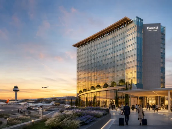 Modern upscale airport hotel tower beside Madrid-Barajas Airport at dusk with aircraft taxiing and travelers arriving at the landscaped entrance