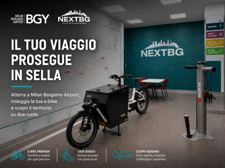 Aviation 17 Wide view of Milan Bergamo Airport’s NextBG e-bike rental area with premium electric bike station and Bergamo tour branding.