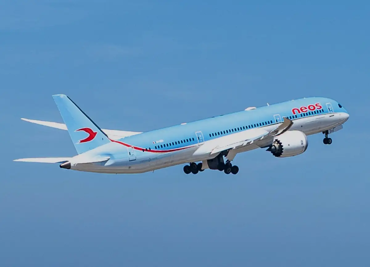 Neos Air Boeing 787 Dreamliner taking off against a clear blue sky