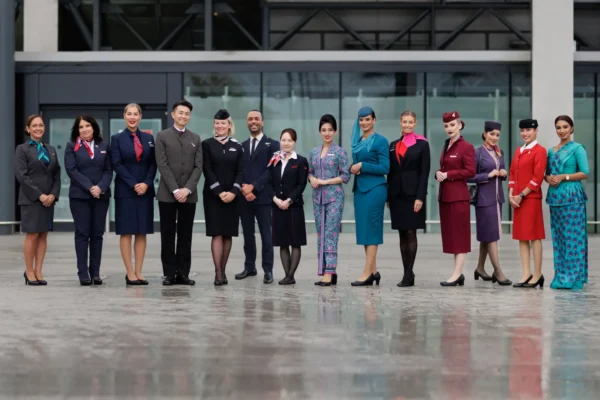 Cabin crew from multiple oneworld alliance airlines standing together outside Heathrow Airport terminal ahead of Alaska Airlines’ new Seattle service launch