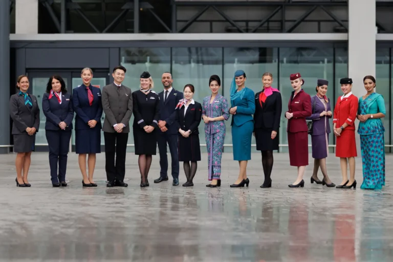 Aviation 23 Cabin crew from multiple oneworld alliance airlines standing together outside Heathrow Airport terminal ahead of Alaska Airlines’ new Seattle service launch