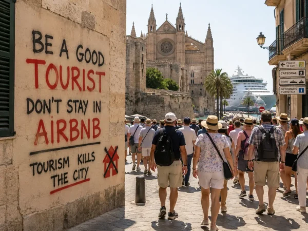 Anti-tourism graffiti in Palma warns visitors against Airbnb rentals as cruise tourists walk through Mallorca’s historic old town near the cathedral.