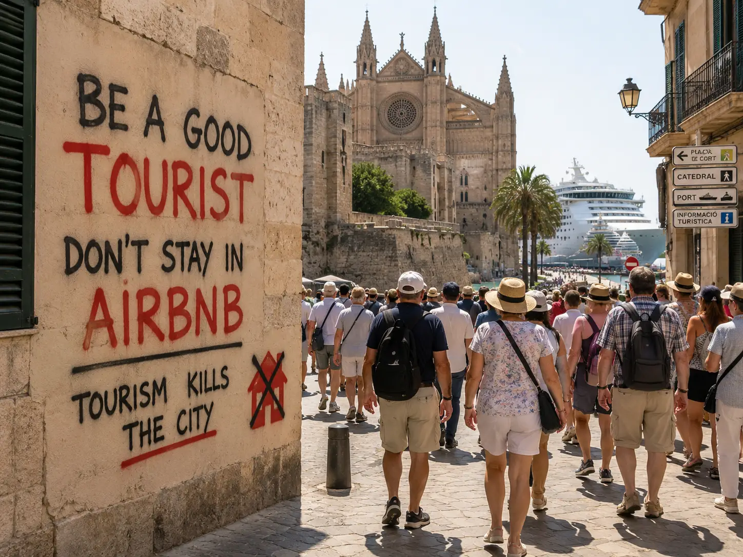 Anti-tourism graffiti in Palma warns visitors against Airbnb rentals as cruise tourists walk through Mallorca’s historic old town near the cathedral.