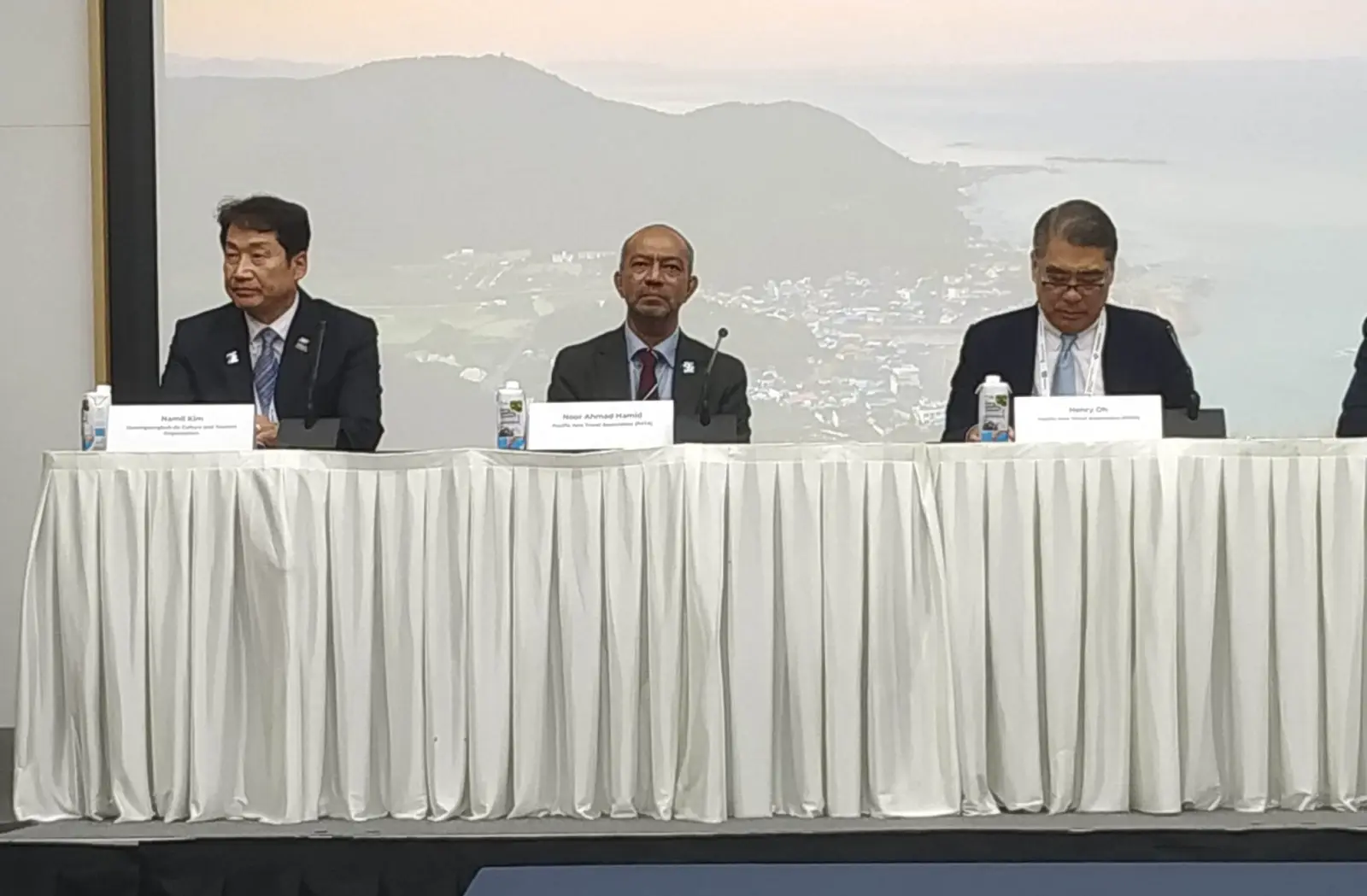 PATA officials speak during a press conference at the PATA Annual Summit 2026 in Gyeongju, South Korea
