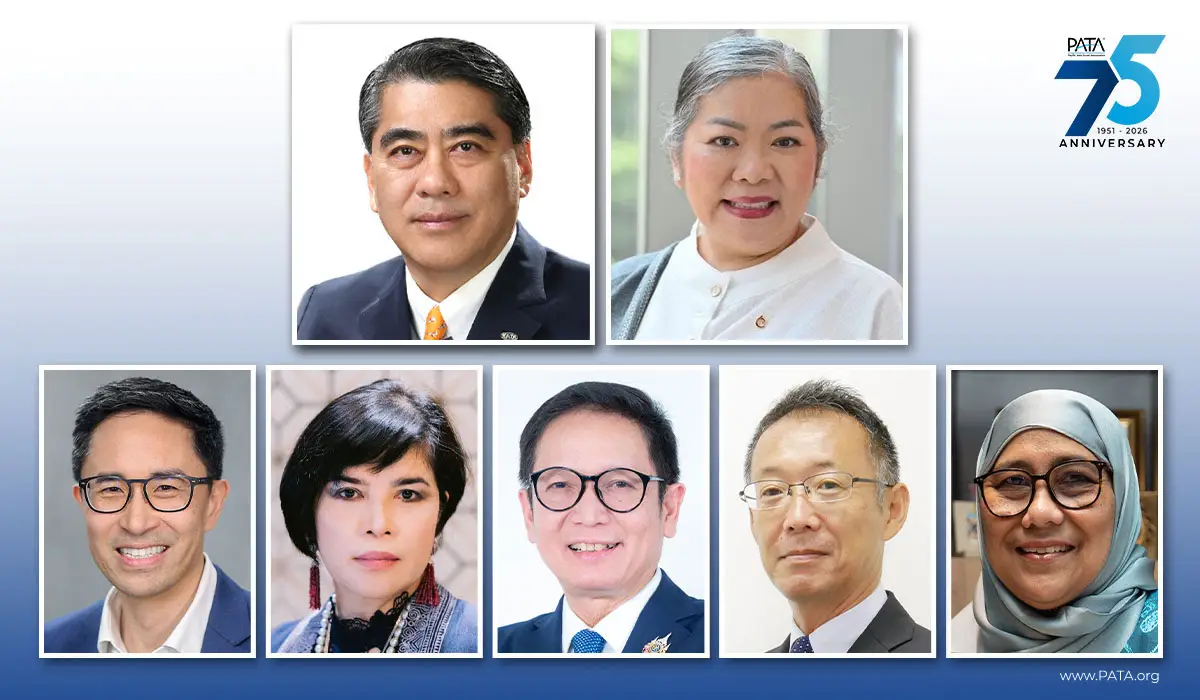 Portrait collage of newly elected PATA leadership members announced at the 2026 Korea Summit, including Chair Henry Oh and Vice Chair Ben Montgomery, alongside Executive Board members.
