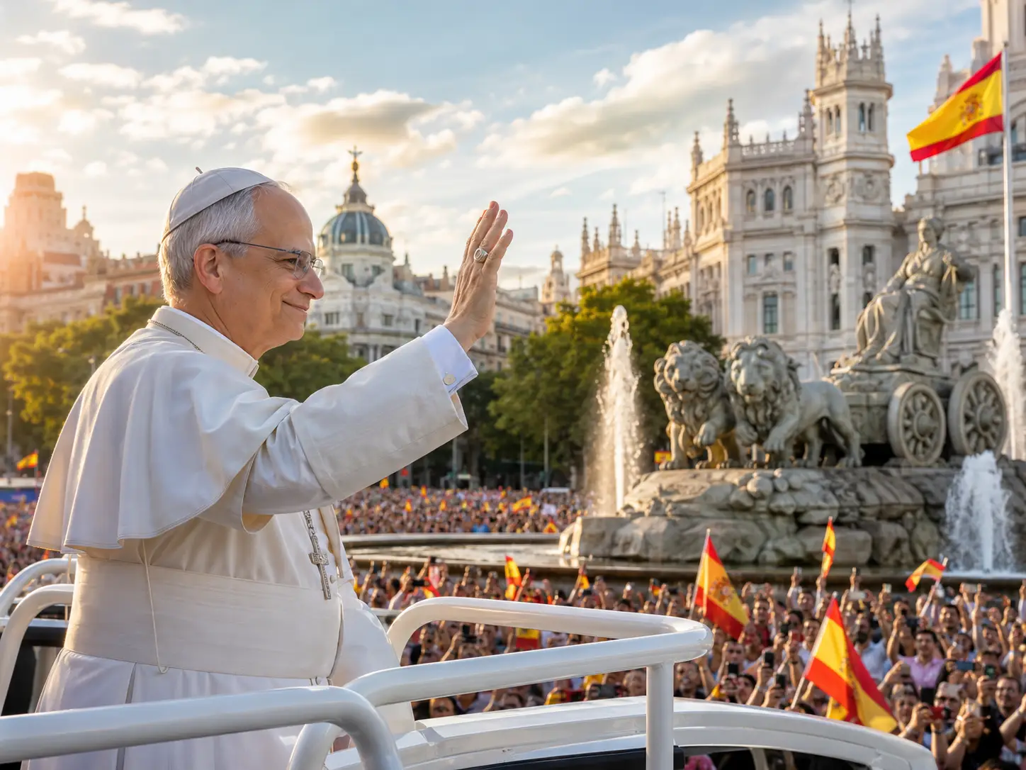 Pope Leo XIV waves to crowds in Madrid near Plaza de Cibeles during his apostolic visit to Spain.