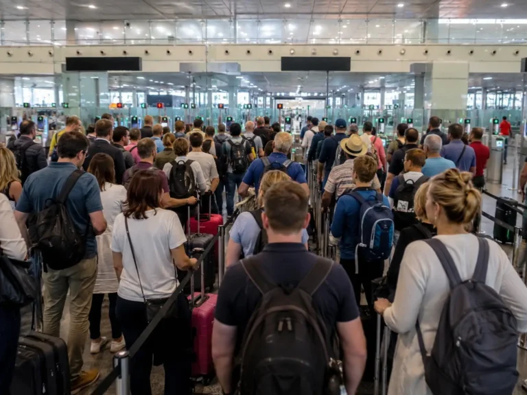 Passengers queue at airport passport control in Portugal during heavy congestion caused by new EU biometric border checks.