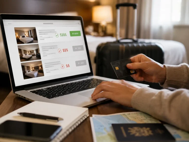 Traveller booking a prepaid hotel room online with a credit card while comparing hotel rates and cancellation options on a laptop.