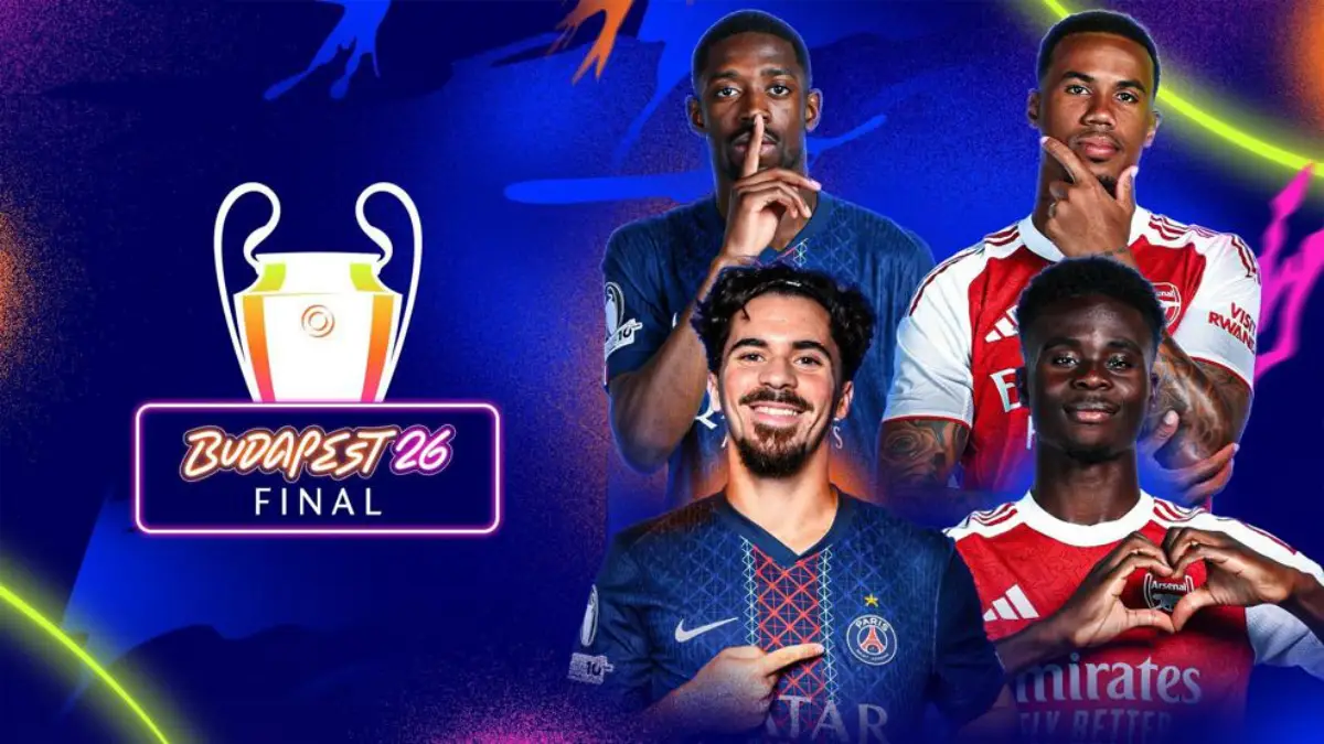 Promotional graphic for the UEFA Champions League final in Budapest featuring PSG and Arsenal players beside the trophy