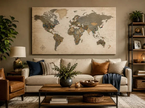 Modern living room with a large push pin world map canvas displayed above a beige sofa and wooden coffee table.