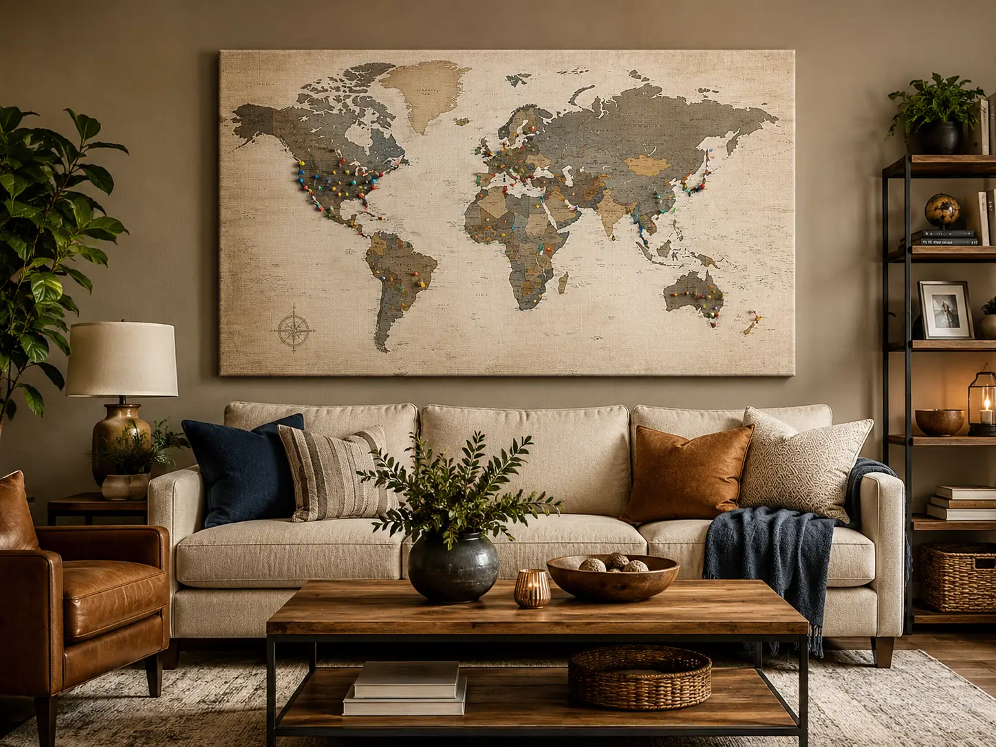 Stuck In A Design Loop? Fresh Ideas To Fix That Blank Wall Above Your Sofa 2 Modern living room with a large push pin world map canvas displayed above a beige sofa and wooden coffee table.