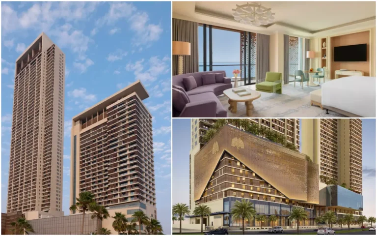 Raffles Jeddah hotel towers, suite interior and entrance facade on the Red Sea Corniche