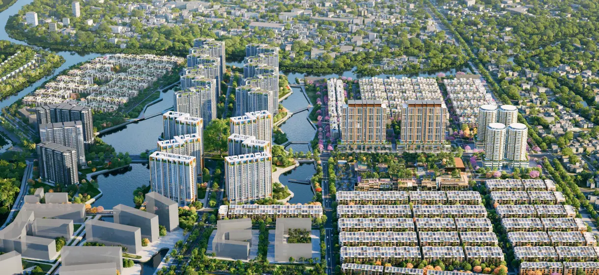 Aerial view of Masterise Towers development in Ho Chi Minh City featuring luxury residential towers, waterways and urban districts in Vietnam.