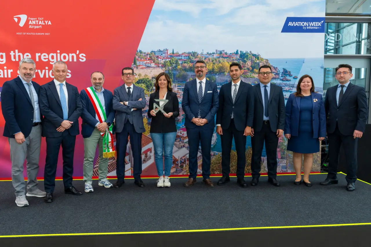 Routes Europe 2027 handover ceremony at Routes Europe 2026 with Fraport TAV Antalya Airport representatives